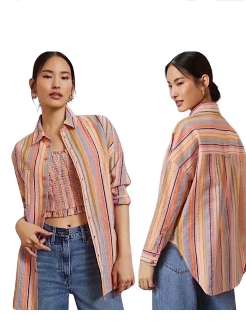 Pilcro Pastel Multistripe Button-Down Shirt - Pink, Peach & Blue